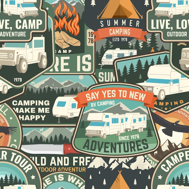 Vector summer camp colorful seamless pattern with rv trailer camping tent campfire bearcamping ten vector