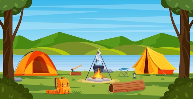 Vector summer camp in forest with bonfire tent backpack and lantern