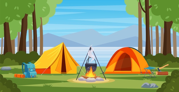 Summer camp in forest with bonfire, tent, backpack. 