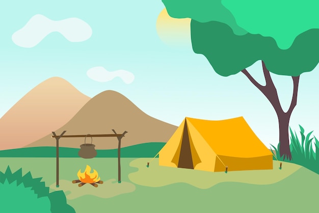 Vettore campeggio estivo in foresta con tenda e falò alberi di montagna e sole sullo sfondo illustrazione vettoriale