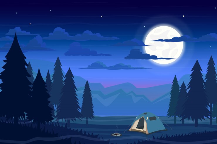Vector 텐트, 캠프 파이어 및 달 숲에서 여름 캠프