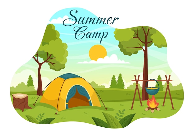 Summer camp illustration of camping and traveling on holiday with equipment such as tent templates