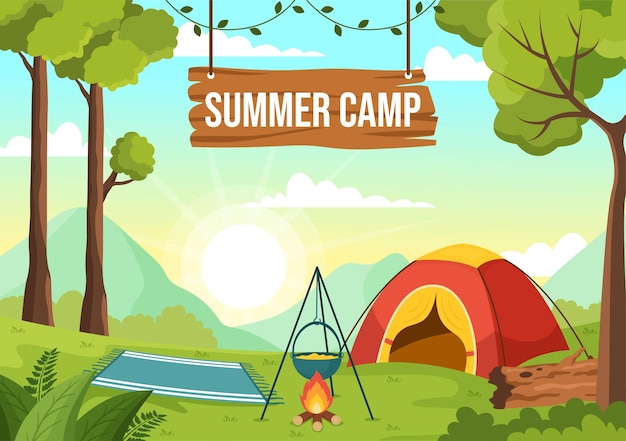 Summer Camp Illustration of Camping and Traveling on Holiday with Equipment such as Tent Templates