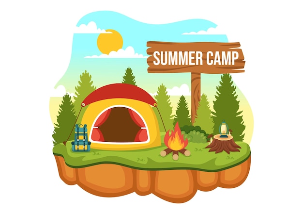 텐트 템플릿 등의 장비를 가지고 휴가를 떠나는 캠핑 및 여행의 여름 캠프 일러스트