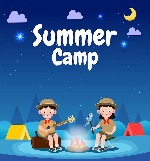 summer camp kids wear scout honor uniform banner template background education for advertising