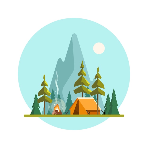 Summer camp Landscape with yellow tent campfire forest and mountains