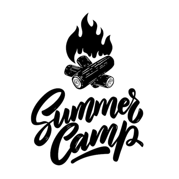 Vector summer camp. lettering phrase with illustration of campfire. design element for poster, card, banner, t shirt, emblem, sign. vector illustration