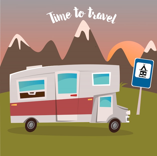 Summer camp. man and woman sitting near the camper. time to travel. vector illustration