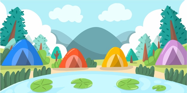 Summer camp at mountain hill doodle illustration