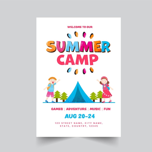 Vector summer camp poster or template design with event details in white color.