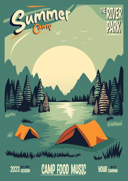 Vector summer camp poster template with tent in the river