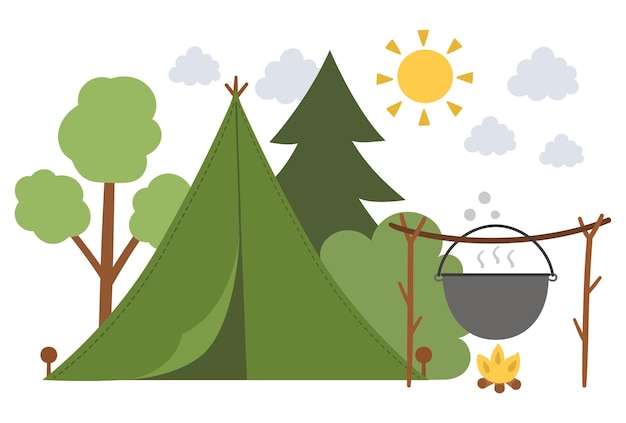 Summer camp scene with green tent fire forest Vector campfire illustration with boiler Active holidays or local tourism landscape design for postcards printsxA