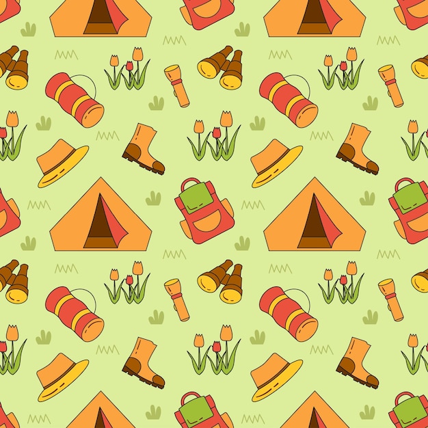 Vector summer camp seamless pattern of camping and traveling element in template hand drawn illustration