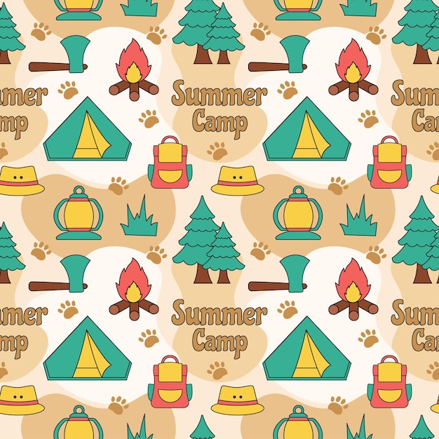 Summer Camp Seamless Pattern of Camping and Traveling Element in Template Hand Drawn Illustration