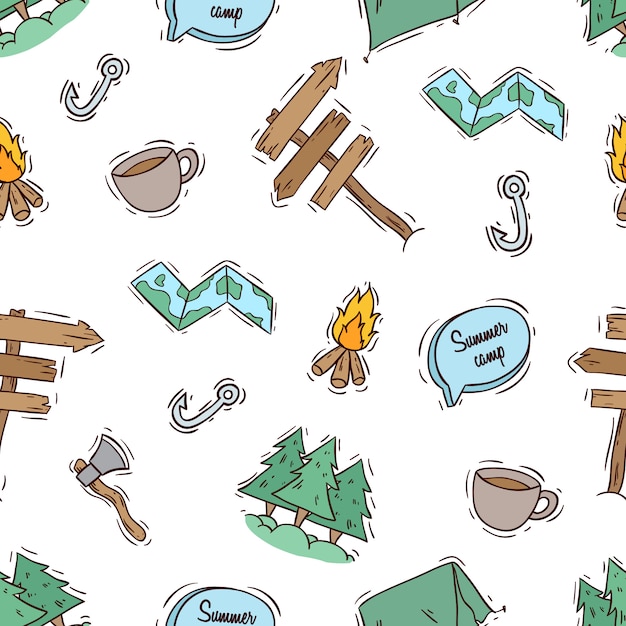 Summer camp seamless pattern with colored style