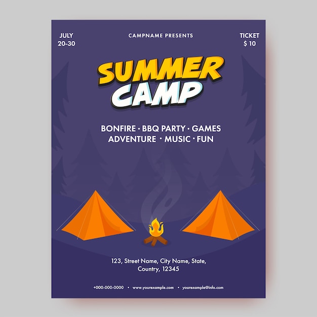 Summer Camp Template Or Flyer Design With Event Details For Advertising.