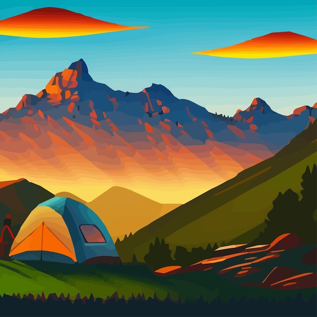 Summer camp vector illustration camping with camping background mountains with lake evening vintage