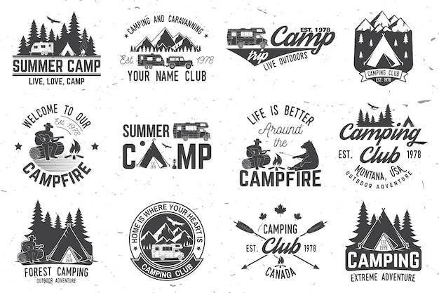 여름 캠프 터 일러스트레이션 셔츠 또는 로고 인쇄 스프 또는 티에 대한 개념