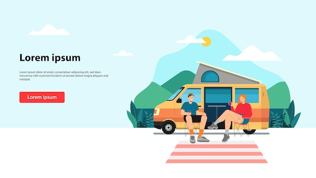 Summer camp with camper van on a lakeside landing vector illustration