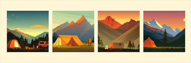Летний лагерь с парой палатки и костер ночью векторный мультфильм пейзаж природного парка