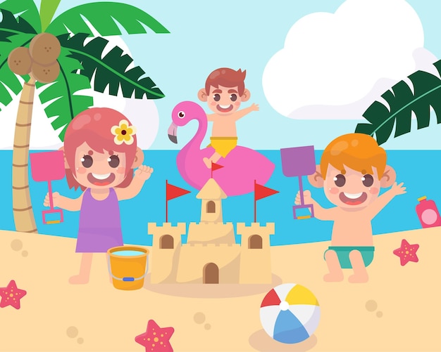 Vector summer camp with kids at beach