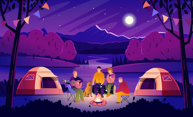 ベクトル 夜のサマーキャンプ。キャンプファイヤーの周りの観光客との森の風景。観光客はギターを弾き、熱いお茶を飲み、マシュマロを焼いています。漫画スタイルのフラットベクトルイラスト。