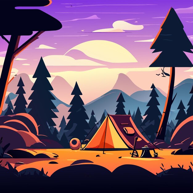 Summer camping forest tent gear hand drawn flat stylish cartoon sticker icon concept isolated