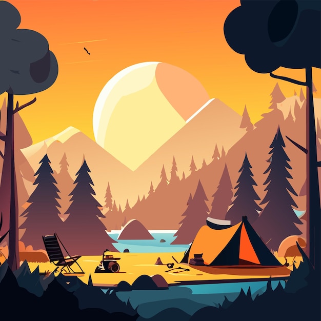 Vector summer camping forest tent gear hand drawn flat stylish cartoon sticker icon concept isolated