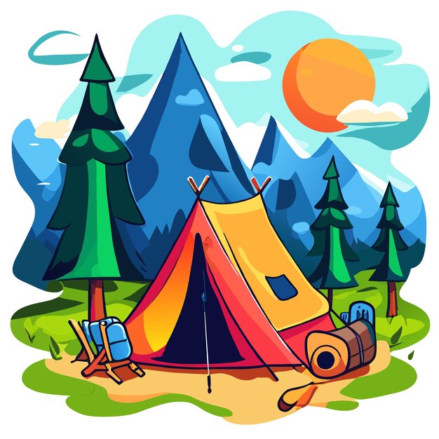 Vector summer camping forest tent gear hand drawn flat stylish cartoon sticker icon concept isolated