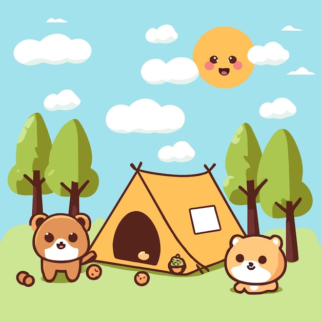 여름 캠핑 숲 텐트 장비 손으로 그려진 평평한 세련된 만화 스티커 아이콘 개념 고립
