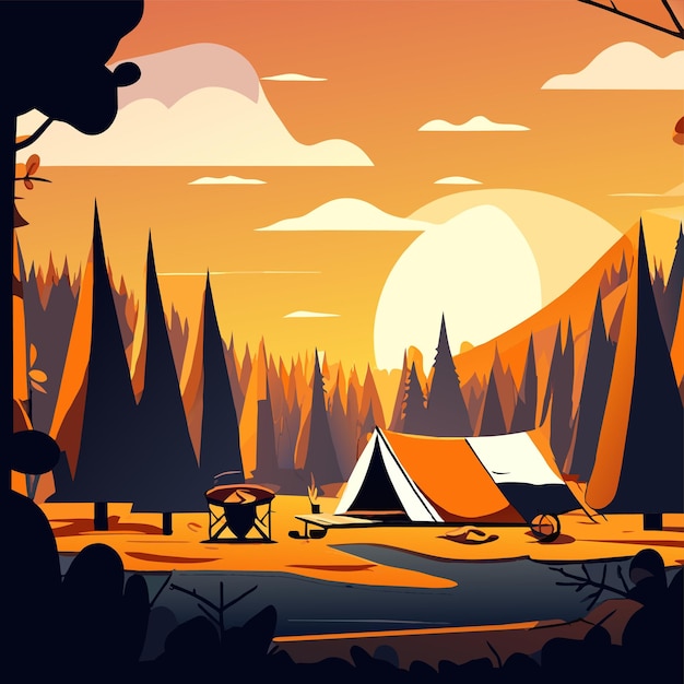 Vector summer camping forest tent gear hand drawn flat stylish cartoon sticker icon concept isolated