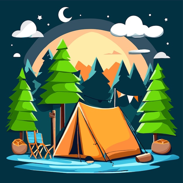 Vettore attrezzature da tenda per il campeggio estivo in foresta disegnate a mano piatte adesivi di cartoni animati eleganti concetto di icona isolato