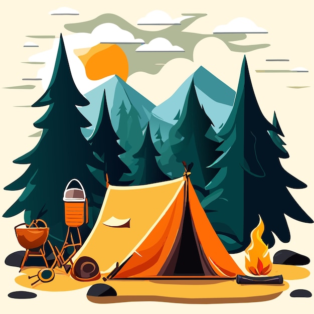 Вектор Летний кемпинг лесная палатка снаряжение ручной нарисованный плоский стильный мультфильм наклейка икона концепция изолирована