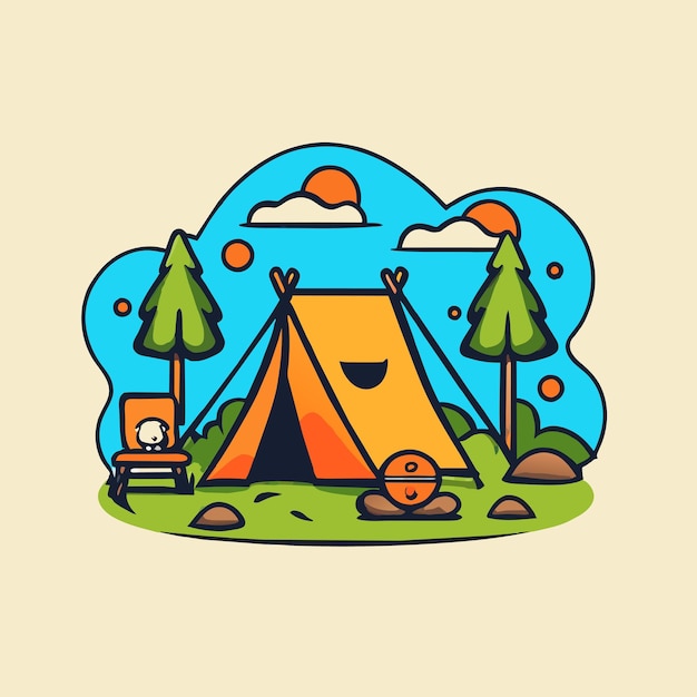 벡터 여름 캠핑 숲 텐트 장비 손으로 그려진 평평한 세련된 만화 스티커 아이콘 개념 고립