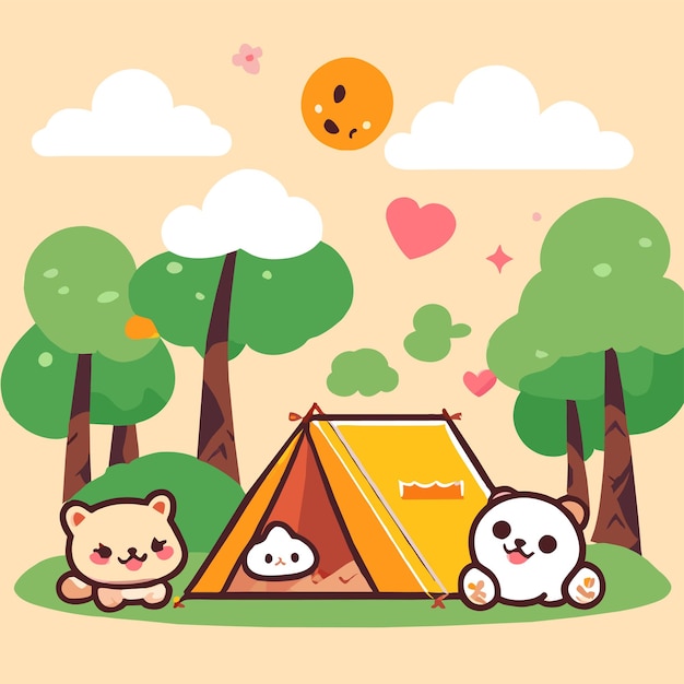 Vector summer camping forest tent gear hand drawn flat stylish cartoon sticker icon concept isolated