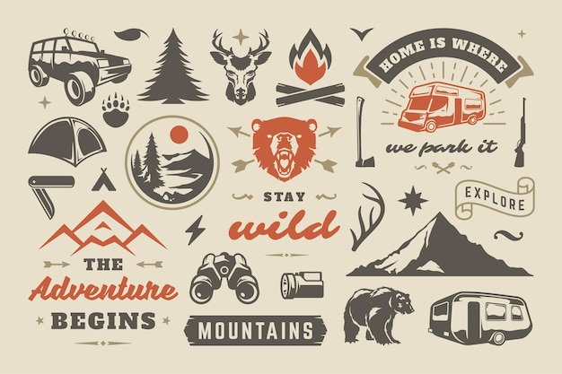 Summer camping and outdoor adventures design elements set