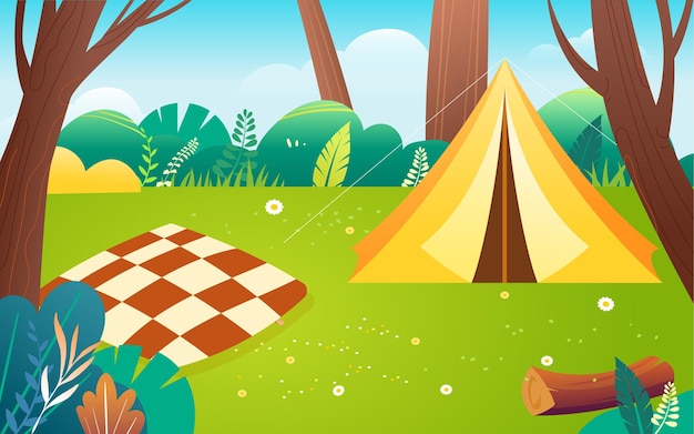 Summer camping outdoors family picnic party on grass tent vector illustration