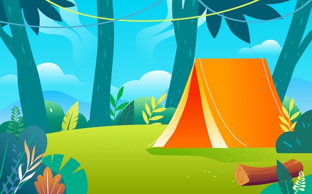 Vector summer camping outdoors family picnic party on grass tent vector illustration