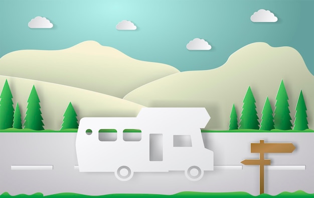 Summer camping paper cut style Concept with car road track Vector illustration