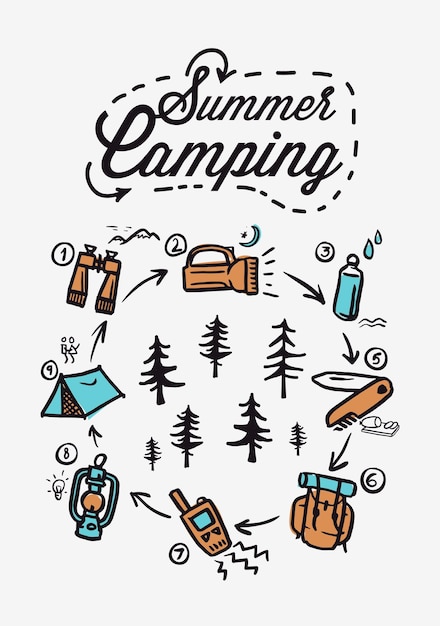 Vector summer camping poster tent campfire pine forest and rocky mountains background vector illustration