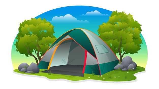 Tenda da campeggio estiva con erba verde, alberi e illustrazione vettoriale di pietra