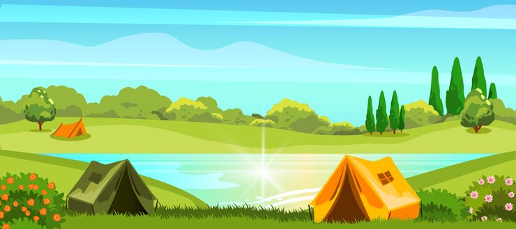 Vector 호수와 숲 근처에 캠프장이있는 여름 캠핑.