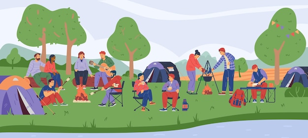 Summer campsite with people traveling as campers flat vector illustration