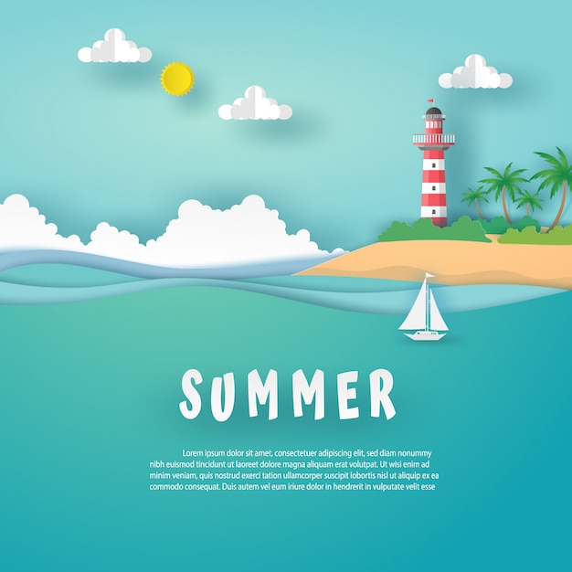 Summer card in landscape view format with red - white lighthouse on island, sea, clouds and white boat on sea wave. vector design paper art concept.