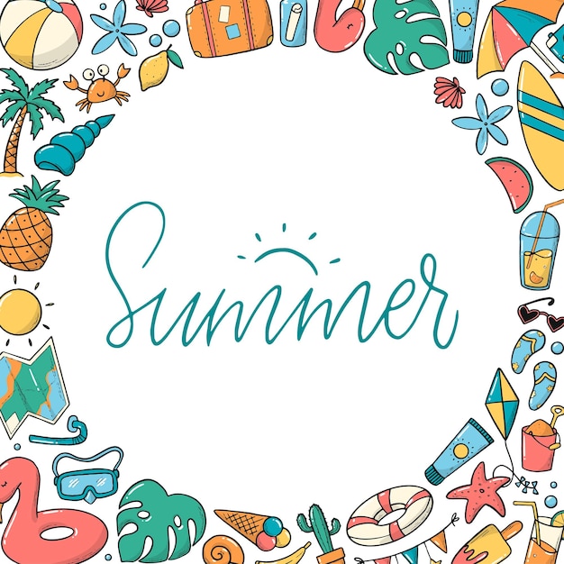 벡터 낙서의 테두리가 있는 여름 카드 포스터 템플릿