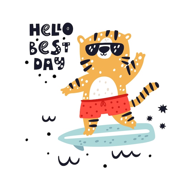 Vettore summer card print personaggio animale tigre in stile cartone animato