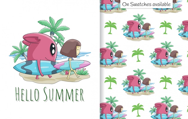 Summer card e seamless pattern con una mano disegnata di ragazza carina e la sua amica sulla spiaggia