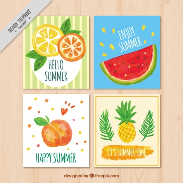 Summer cards with fruits, watercolor