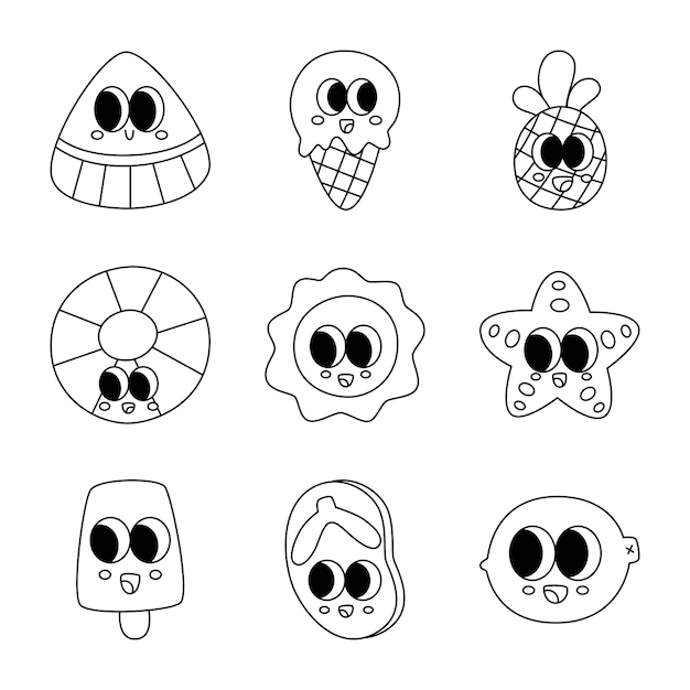 Vector summer cartoon characters line icon