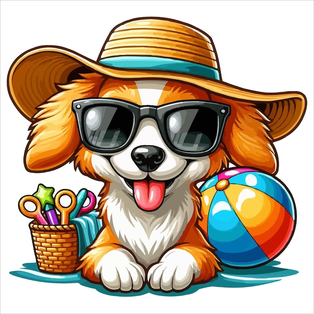 Vector summer cartoon dog with hat and sunglass